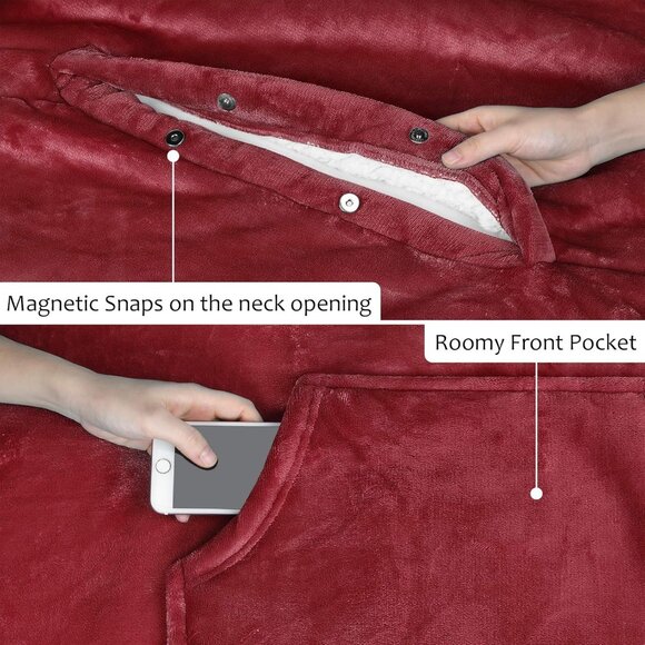 Catalonia Sherpa Wearable Blanket Poncho for Adult Women Men, Wine Color - Picture 3 of 6